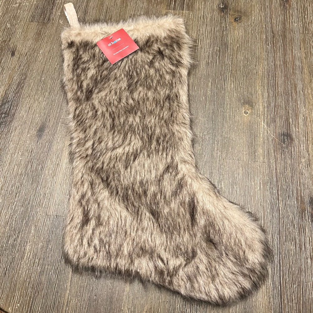 At‎ Home Homespun Holiday Faux Fur Christmas Stocking Beige Brown NWT   Holiday